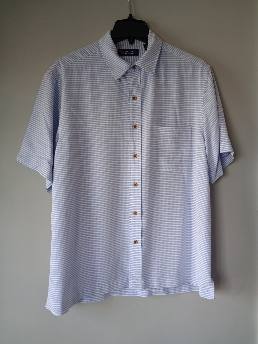 Roundtree & Yorke Men Short Sleeve Button Shirt Blue White L Coastal Vacation